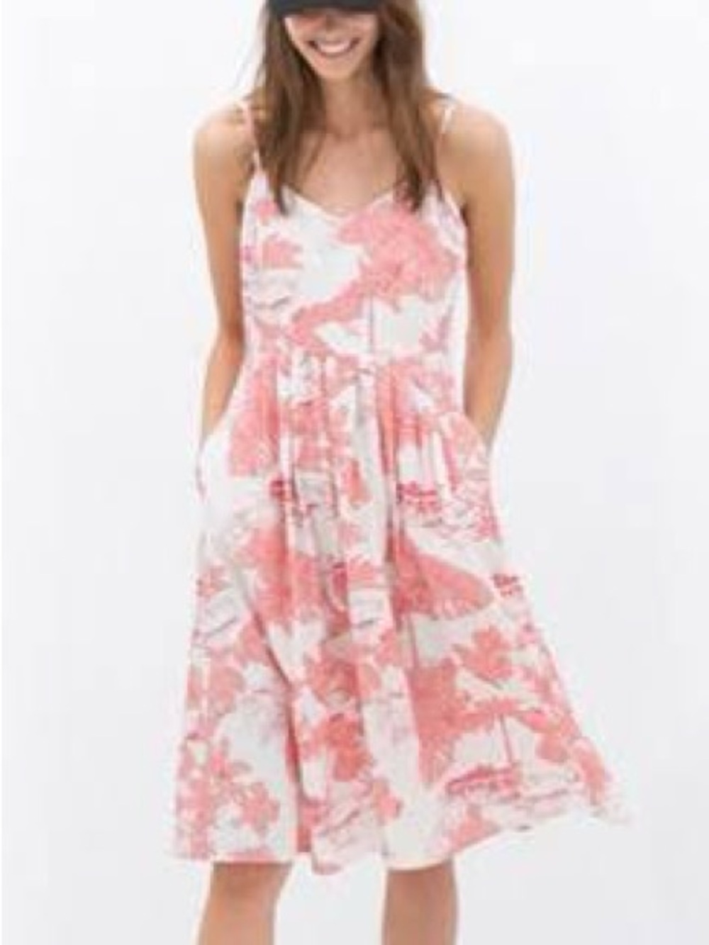 Zara Cotton Sleeveless Coral,Pink & White Floral Midi Dress with Pockets XS